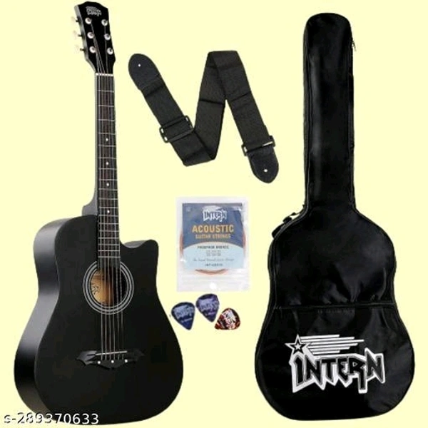 ntern INT-38C-BK Acoustic Guitar Linden Wood Rosewood Right Hand Orientation  (Black) - Free Size, Black