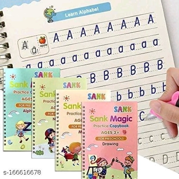 Magic Caligraphy Books for kids Calligraphy books for beginners practice | Hand writing practice books kidS Magic Reusable Copy Writing Book for Kids for Preschoolers | Magical Book for kids Writing (4 BOOKS +1 pen + 10 REFILL) - Free Size