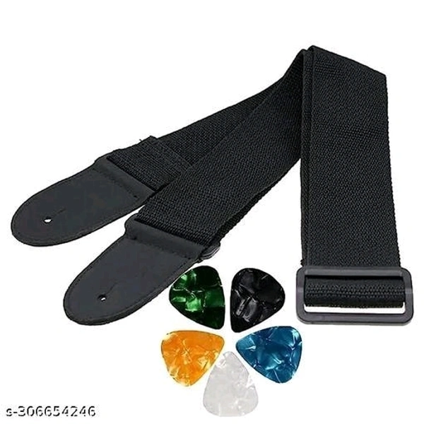 Guitar Strap for Acoustic Guitar Black Guitar Belt with Adjustble Buckle with 5 Colorful Picks - Free Size