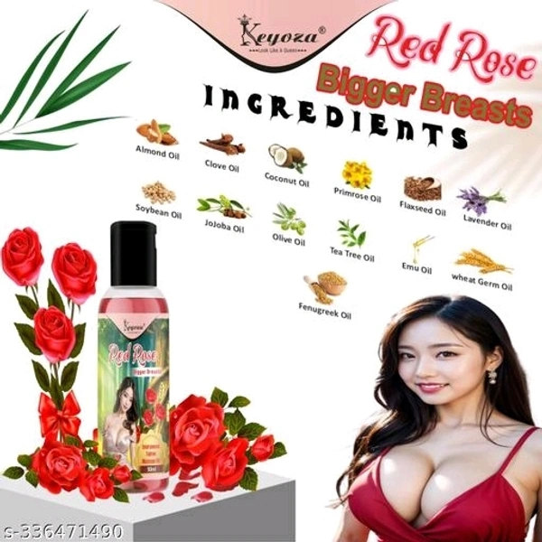 Keyoza Presents RED ROSE Bigger Breasts Enlargement Tighten Massage Oil Its Breast Growth & Tighten Massage Oil for Women- STRAWBERRY,RED ROSE OIL,COCONUT OIL,ALMOND OIL,SUNFLOWER OIL & FENUGREEK OIL Relieves Stress Caused by Wired Bra and Breast toner massage oil 100% - Free Size