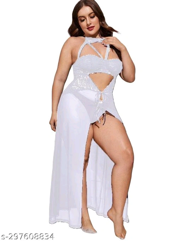 Xivir Women's Plus Size Split Long Mesh Lingerie Dress Babydoll Chemise Sleepwear Side Slits - White, Free Size