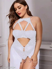 Xivir Women's Plus Size Split Long Mesh Lingerie Dress Babydoll Chemise Sleepwear Side Slits - White, Free Size