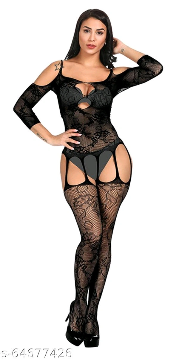 Spaity Women's Polyamide Elastane Full Body Stockings(MS -3001_Black_Free Size - Black, L