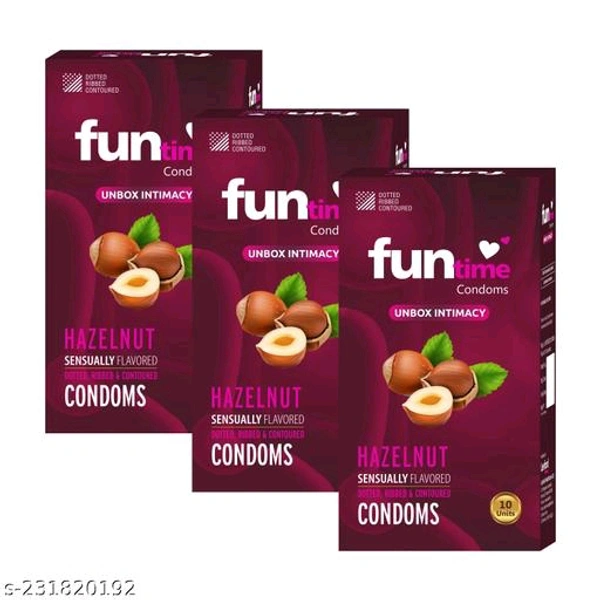 Funtime Hazelnut flavoured lubricated dotted, ribbed and contoured condom – pack of 3 (10pcs each - Free Size