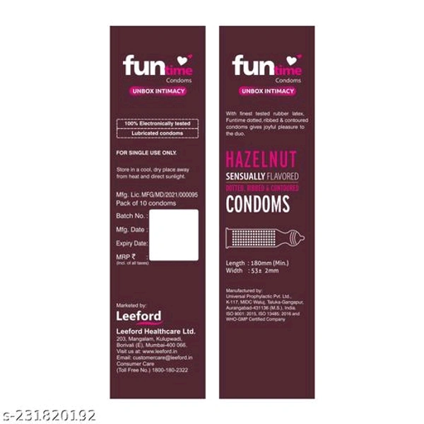 Funtime Hazelnut flavoured lubricated dotted, ribbed and contoured condom – pack of 3 (10pcs each - Free Size