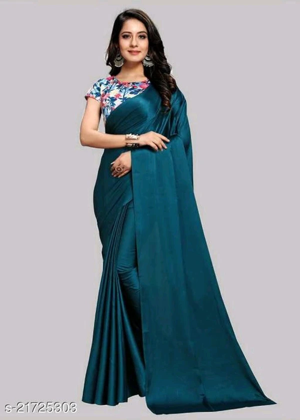 Satin Silk Navy Blue Saree With Blouse - Free Size, (1)