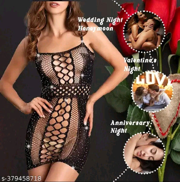 Victor By Shipra Sexy fishnet Rhinestone crystal body stocking bodystocking Dress Lingerie Only for Bust and waist Size (28to36) - Black, XS
