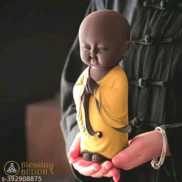 VANSJ STORE Polyresin Yellow Buddha Namaste Monk Statue for Home Decor 25 CM Showpiece Small Laughing Idol for Living Room (Namaste Yellow Monk) - Free Size