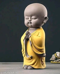 VANSJ STORE Polyresin Yellow Buddha Namaste Monk Statue for Home Decor 25 CM Showpiece Small Laughing Idol for Living Room (Namaste Yellow Monk) - Free Size