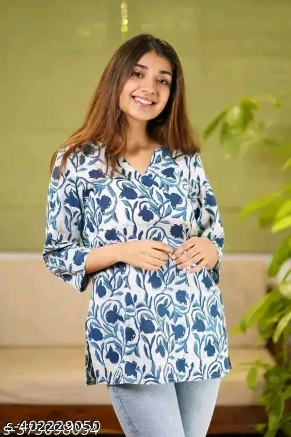  Cotton Hand Block Printed Short Kurti Kurta Shirt Top for Women - Blue, XS