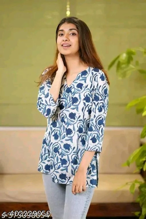  Cotton Hand Block Printed Short Kurti Kurta Shirt Top for Women - Blue, XS