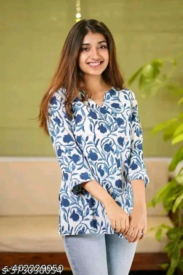  Cotton Hand Block Printed Short Kurti Kurta Shirt Top for Women - Blue, XS