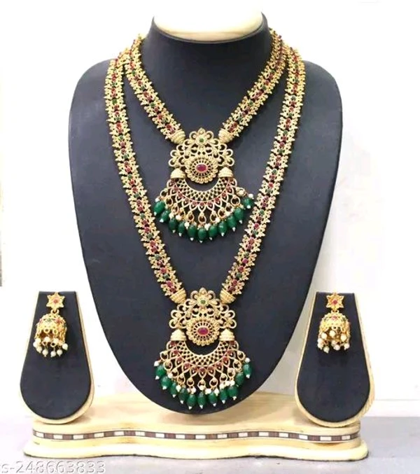 GREEN MOTI FLOWER RED RUBY CENTRE COMBO SET - Gold Plated, Free Size