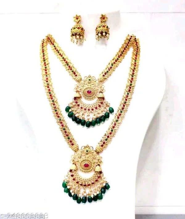 GREEN MOTI FLOWER RED RUBY CENTRE COMBO SET - Gold Plated, Free Size