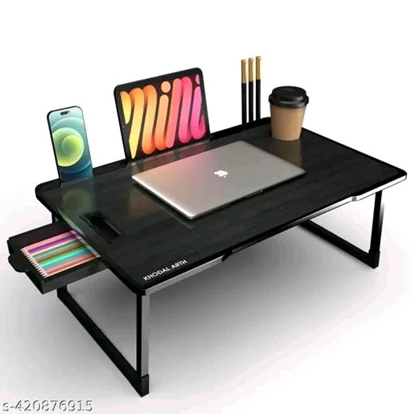 Foldable Wooden Mini Laptop Table for Bed, Study Table with Drawer, Tablet/Mobile Holder for Kids & Adults - Black, Free Size