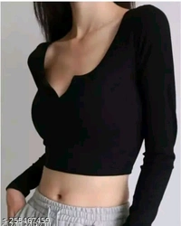 V-Neck Cut Designer TOP & Tunics for Women and Girls Ribbed Lycra Material Full Sleeves V Neck Cut TOP TRENDI Look TOP - 1️⃣, S