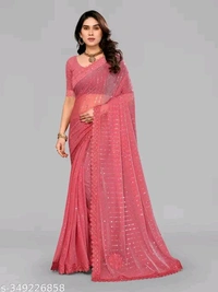 SHIMMER SAREE WITH MIRROR WORK AND CHEMICAL LACE AND DIMOND HAND WORK - Pink, Free Size