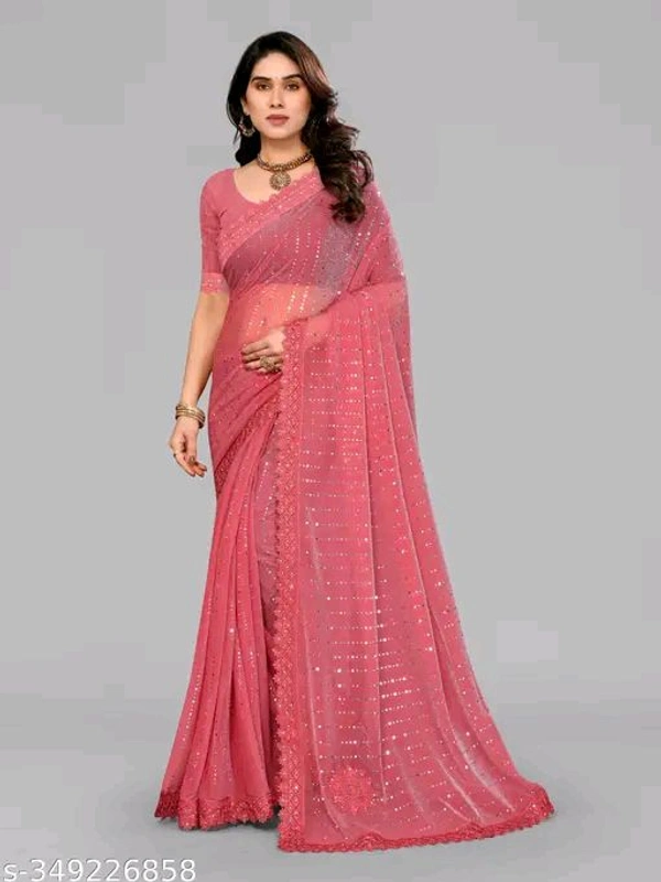 SHIMMER SAREE WITH MIRROR WORK AND CHEMICAL LACE AND DIMOND HAND WORK - Pink, Free Size