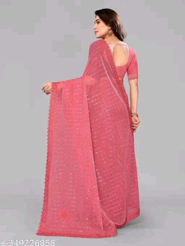 SHIMMER SAREE WITH MIRROR WORK AND CHEMICAL LACE AND DIMOND HAND WORK - Pink, Free Size