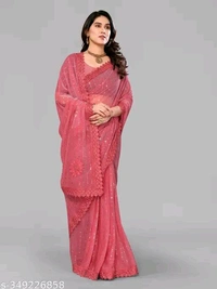 SHIMMER SAREE WITH MIRROR WORK AND CHEMICAL LACE AND DIMOND HAND WORK - Pink, Free Size