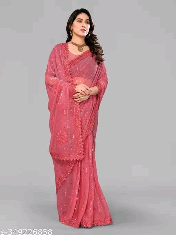 SHIMMER SAREE WITH MIRROR WORK AND CHEMICAL LACE AND DIMOND HAND WORK - Pink, Free Size