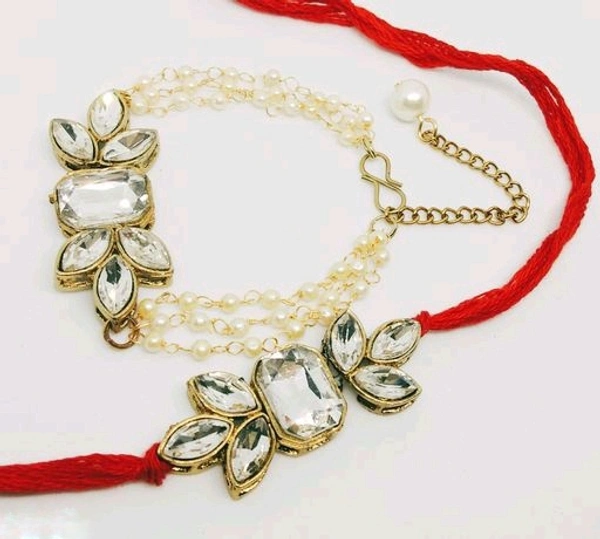 Beautiful Thread & Kundan Couple Rakhi Rakhi For Bhaiya and bhabhi - Free Size