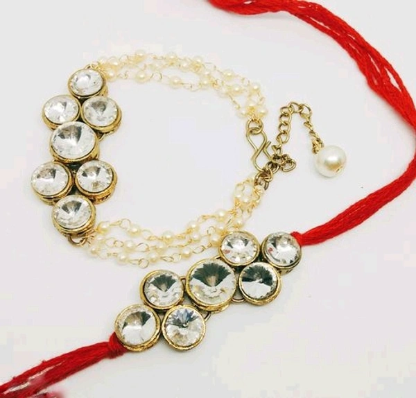  Beautiful Thread & Kundan Couple Rakhi Rakhi For Bhaiya and bhabhi - Free Size
