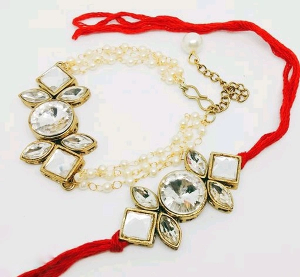  Beautiful Thread & Kundan Couple Rakhi Rakhi For Bhaiya and bhabhi - Free size