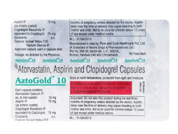 Aztogold 10 Cap 10's  - Ator 10 asprin 75 Clopidogrel 75, Cardio