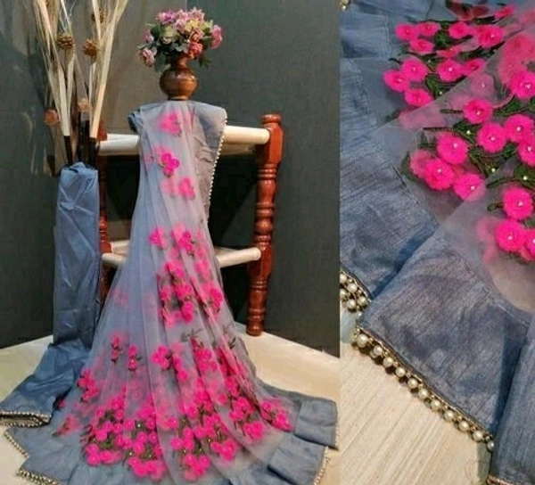 Women's Net Saree With Unstitched Blouse Piece - S-2