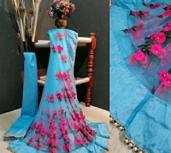 Women's Net Saree With Unstitched Blouse Piece - S-6