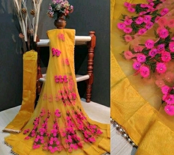 Women's Net Saree With Unstitched Blouse Piece - S-7
