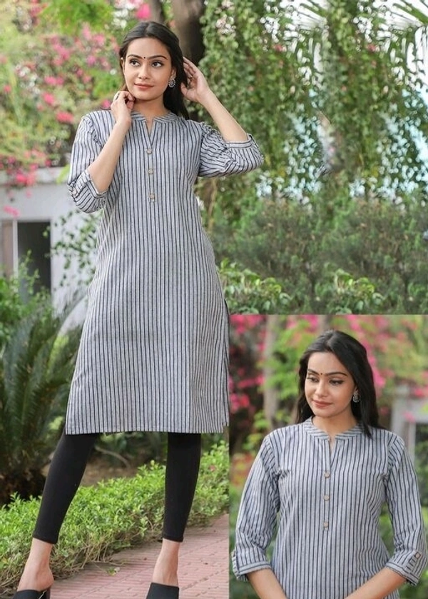 Demanding Cotton Straight Black Stylish Striped Kurti for Women 03 - Grey, M