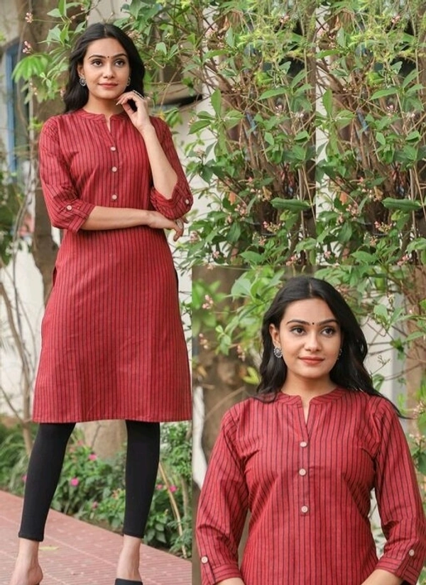 Demanding Cotton Straight Black Stylish Striped Kurti for Women 03 - Red, L
