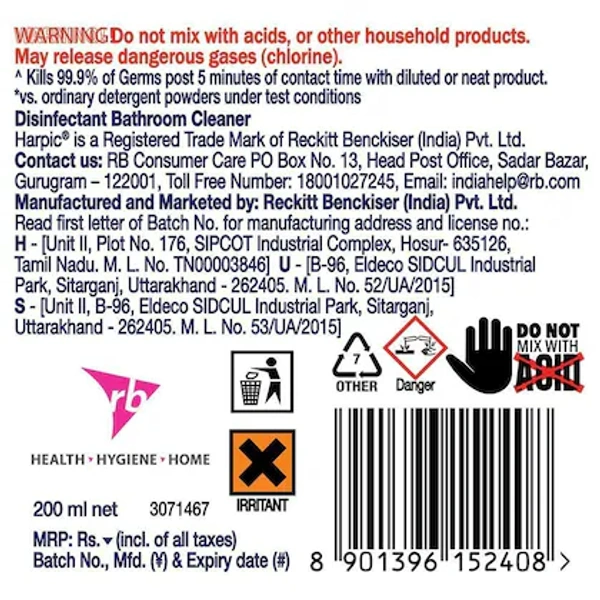Harpic Lemon Disinfectant Bathroom Cleaner- 200ml - RIDDHI SIDDHI KIRANA
