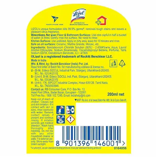 Lizol Liquid Citrus Disinfectant Surface Cleaner 200 ml - RIDDHI SIDDHI KIRANA