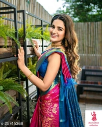 Kashvi Sensational SareesSaree Fabric: Cotton SilkBlouse: Running BlouseBlouse Fabric: Banarasi SilkPattern: Self-DesignBlouse Pattern: JacquardMultipack: SingleAlluring kanjivaram silk in dark and light contrasting color with gold zari. Body of this saree has intricate weaved in gold zari and pallu have contracting color zari weaves on it. Silken blouse forms a perfect contrast.   - no more, free