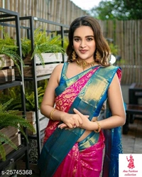 Kashvi Sensational SareesSaree Fabric: Cotton SilkBlouse: Running BlouseBlouse Fabric: Banarasi SilkPattern: Self-DesignBlouse Pattern: JacquardMultipack: SingleAlluring kanjivaram silk in dark and light contrasting color with gold zari. Body of this saree has intricate weaved in gold zari and pallu have contracting color zari weaves on it. Silken blouse forms a perfect contrast.   - no more, free