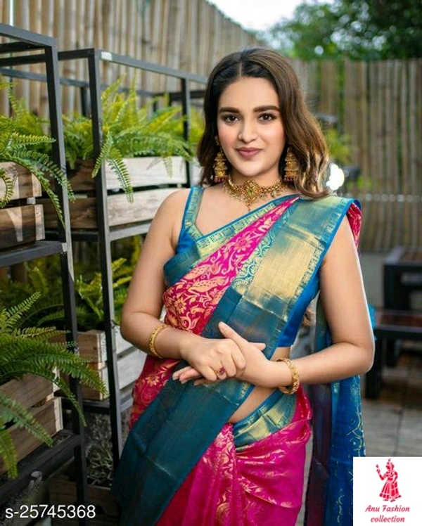 Kashvi Sensational SareesSaree Fabric: Cotton SilkBlouse: Running BlouseBlouse Fabric: Banarasi SilkPattern: Self-DesignBlouse Pattern: JacquardMultipack: SingleAlluring kanjivaram silk in dark and light contrasting color with gold zari. Body of this saree has intricate weaved in gold zari and pallu have contracting color zari weaves on it. Silken blouse forms a perfect contrast.   - no more, free