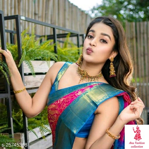 Kashvi Sensational SareesSaree Fabric: Cotton SilkBlouse: Running BlouseBlouse Fabric: Banarasi SilkPattern: Self-DesignBlouse Pattern: JacquardMultipack: SingleAlluring kanjivaram silk in dark and light contrasting color with gold zari. Body of this saree has intricate weaved in gold zari and pallu have contracting color zari weaves on it. Silken blouse forms a perfect contrast.   - no more, free