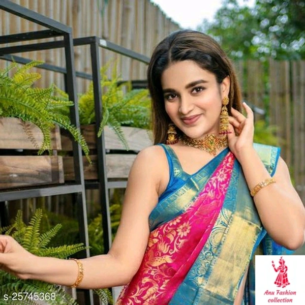 Kashvi Sensational SareesSaree Fabric: Cotton SilkBlouse: Running BlouseBlouse Fabric: Banarasi SilkPattern: Self-DesignBlouse Pattern: JacquardMultipack: SingleAlluring kanjivaram silk in dark and light contrasting color with gold zari. Body of this saree has intricate weaved in gold zari and pallu have contracting color zari weaves on it. Silken blouse forms a perfect contrast.   - no more, free