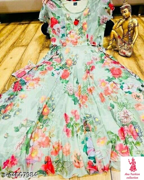 Trendy Ravishing Women GownsFabric: GeorgetteSleeve Length: Short SleevesPattern: PrintedMultipack: 1Sizes:XL (Bust Size: 42 in, Length Size: 54 in, Waist Size: 40 in, Shoulder Size: 16 in) L (Bust Size: 40 in, Length Size: 54 in, Waist Size: 38 in, Shoulder Size: 15 in) XXL (Bust Size: 44 in, Length Size: 54 in, Waist Size: 42 in, Shoulder Size: 16 in) M (Bust Size: 38 in, Length 
