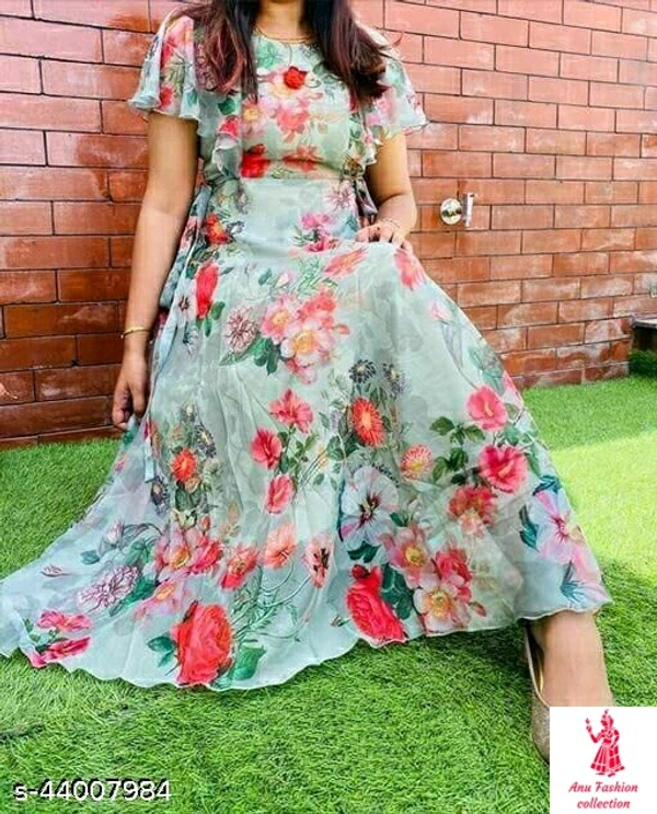 Trendy Ravishing Women GownsFabric: GeorgetteSleeve Length: Short SleevesPattern: PrintedMultipack: 1Sizes:XL (Bust Size: 42 in, Length Size: 54 in, Waist Size: 40 in, Shoulder Size: 16 in) L (Bust Size: 40 in, Length Size: 54 in, Waist Size: 38 in, Shoulder Size: 15 in) XXL (Bust Size: 44 in, Length Size: 54 in, Waist Size: 42 in, Shoulder Size: 16 in) M (Bust Size: 38 in, Length 