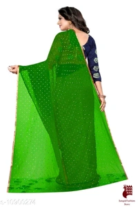 Georgette Sarees Nazneen Foil Work Printed Saree With jacquard Blouse - 1, FREE SIZE, Georgette, GREEN, Printed, INDIA
