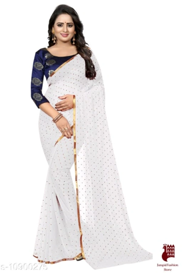 Georgette Sarees Nazneen Foil Work Printed Saree With jacquard Blouse - 1, FREE SIZE, Georgette, WHITE, Printed, INDIA
