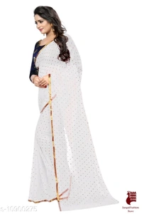 Georgette Sarees Nazneen Foil Work Printed Saree With jacquard Blouse - 1, FREE SIZE, Georgette, WHITE, Printed, INDIA