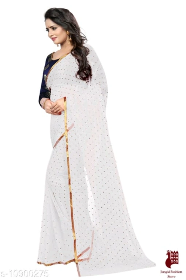 Georgette Sarees Nazneen Foil Work Printed Saree With jacquard Blouse - 1, FREE SIZE, Georgette, WHITE, Printed, INDIA