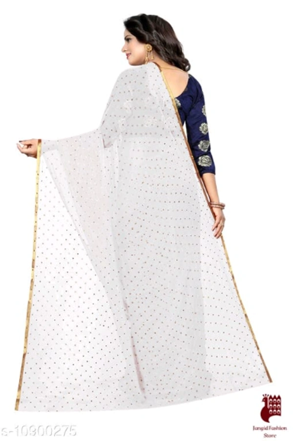 Georgette Sarees Nazneen Foil Work Printed Saree With jacquard Blouse - 1, FREE SIZE, Georgette, WHITE, Printed, INDIA