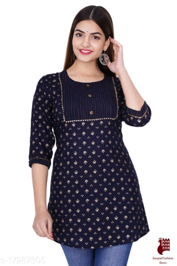 Trendy Ensemble Kurtis - 1, S, Rayon, Printed, Three-Quarter Sleeves, DARK BLUE