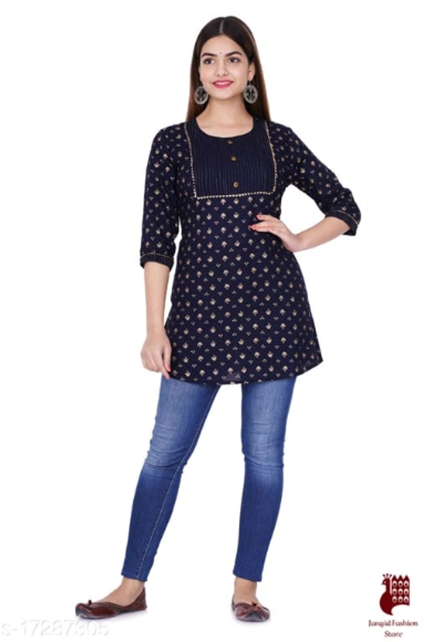 Trendy Ensemble Kurtis - 1, S, Rayon, Printed, Three-Quarter Sleeves, DARK BLUE